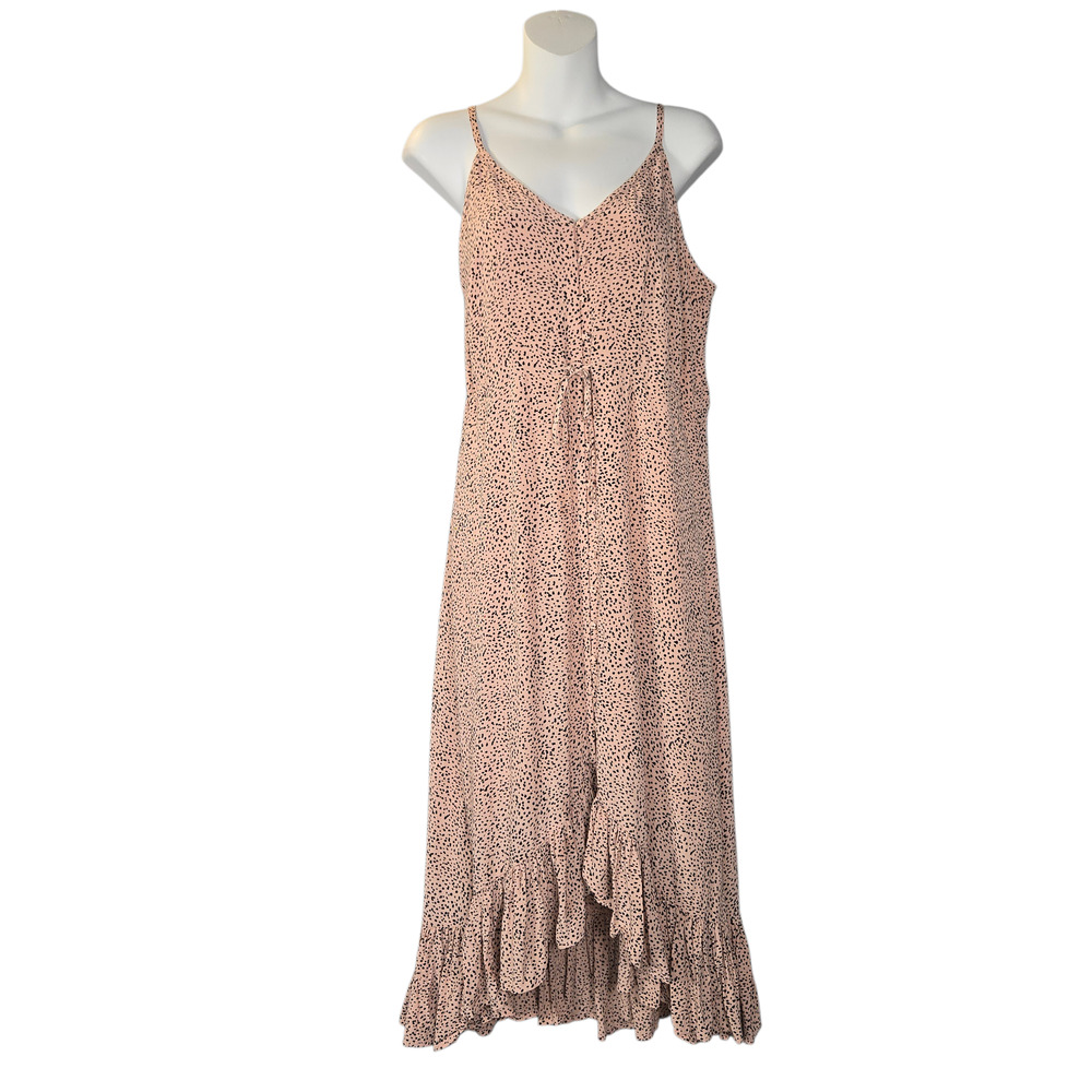 Rails Frida Rose Spotted Dress Women's Small Pink Black Spotted Midi Maxi Ruffle